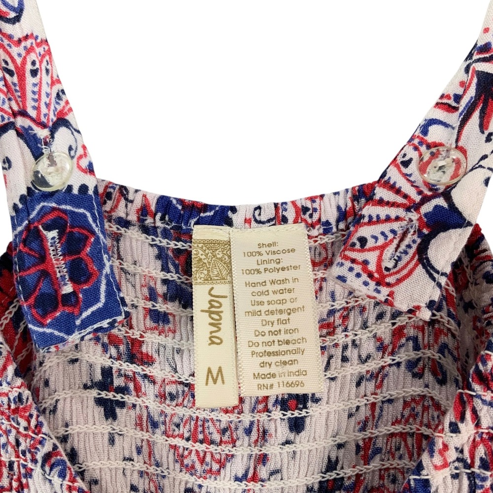 Japna Red Blue Medallion Midi Dress M Pull-on V-Neck Sleeveless Smocked Bodice - Picture 6 of 7